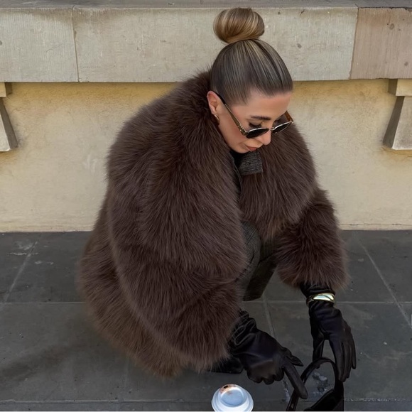 brown women faux fur shaggy fluffy warm winter jacket